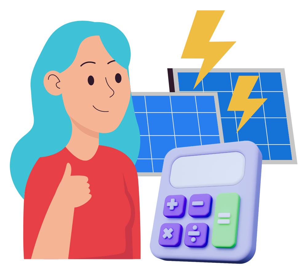 電卓と、太陽光パネルと親指を突き出し微笑んでいる主婦のイラスト