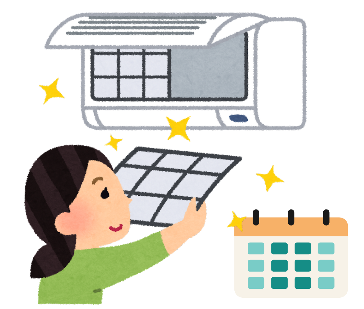 定期的にエアコン掃除をしている主婦とカレンダー