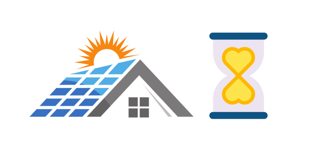 家の屋根についた太陽光パネルとハート形の砂時計のイラスト