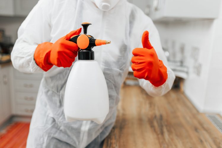 防護服を着て、シロアリ駆除剤噴射機を持ち　親指を突き出す業者