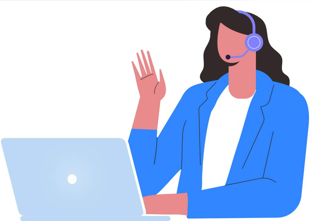 インカムをを付けてノートパソコンの前で応答する女性