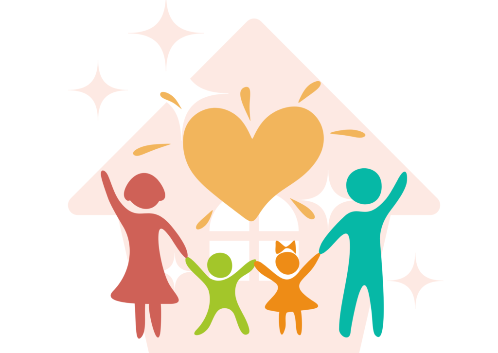 家の前で子供２人と夫婦がハートマークで手を繋いでいるイラスト
