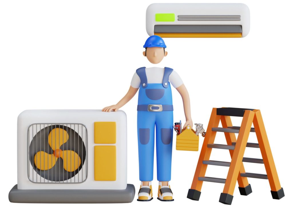 エアコン業者と室外機とエアコンと脚立のイラスト