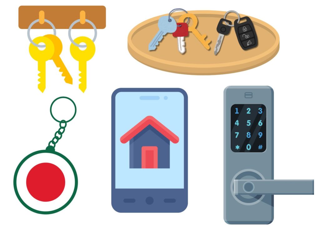 鍵がフックに掛かっていたり、お盆に乗っている。携帯とスマートキーホルダーと電子ドアノブのイラスト