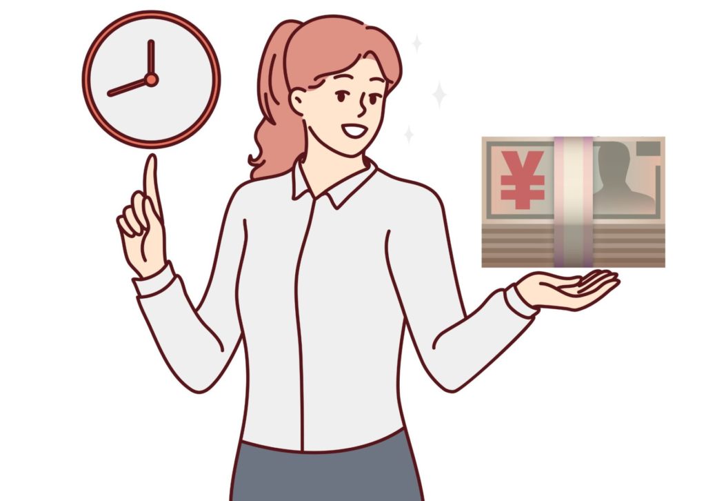 右手で時計を指さし、左手で札束を持っている女性のイラスト