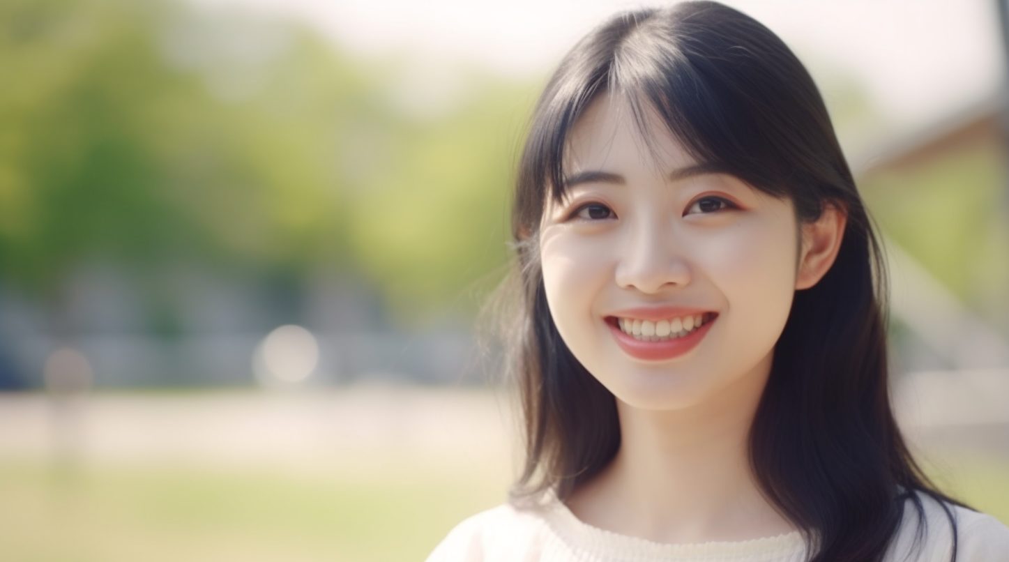 外で微笑む若い女性