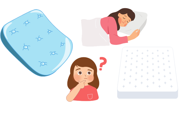 女性が気持ちよく寝るために、柔らかいマットレスか硬いマットレスで悩んでるイラスト