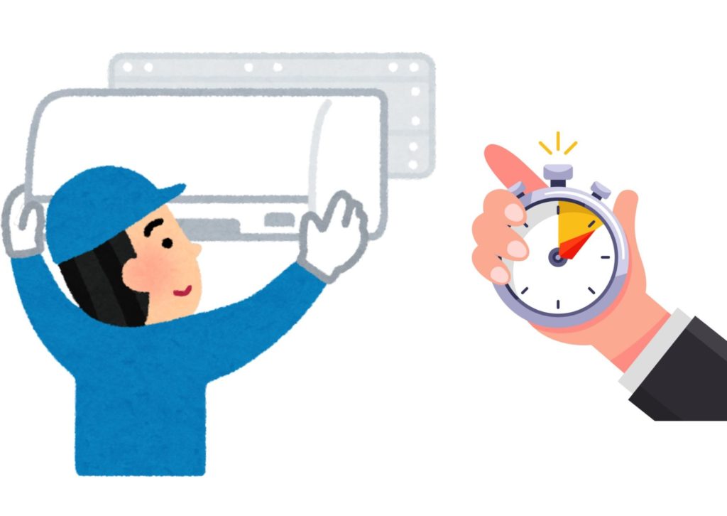 エアコンを取り付けている業者とストップウォッチを計っているイラスト
