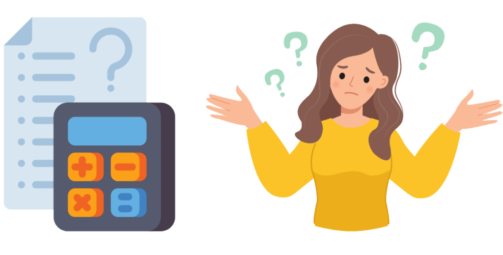 見積書と電卓と手を広げて考える女性