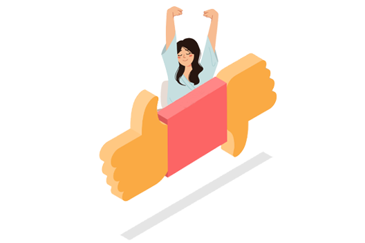 メリットデメリットのサインの上で両手を上げて寝起きの女性のイラスト